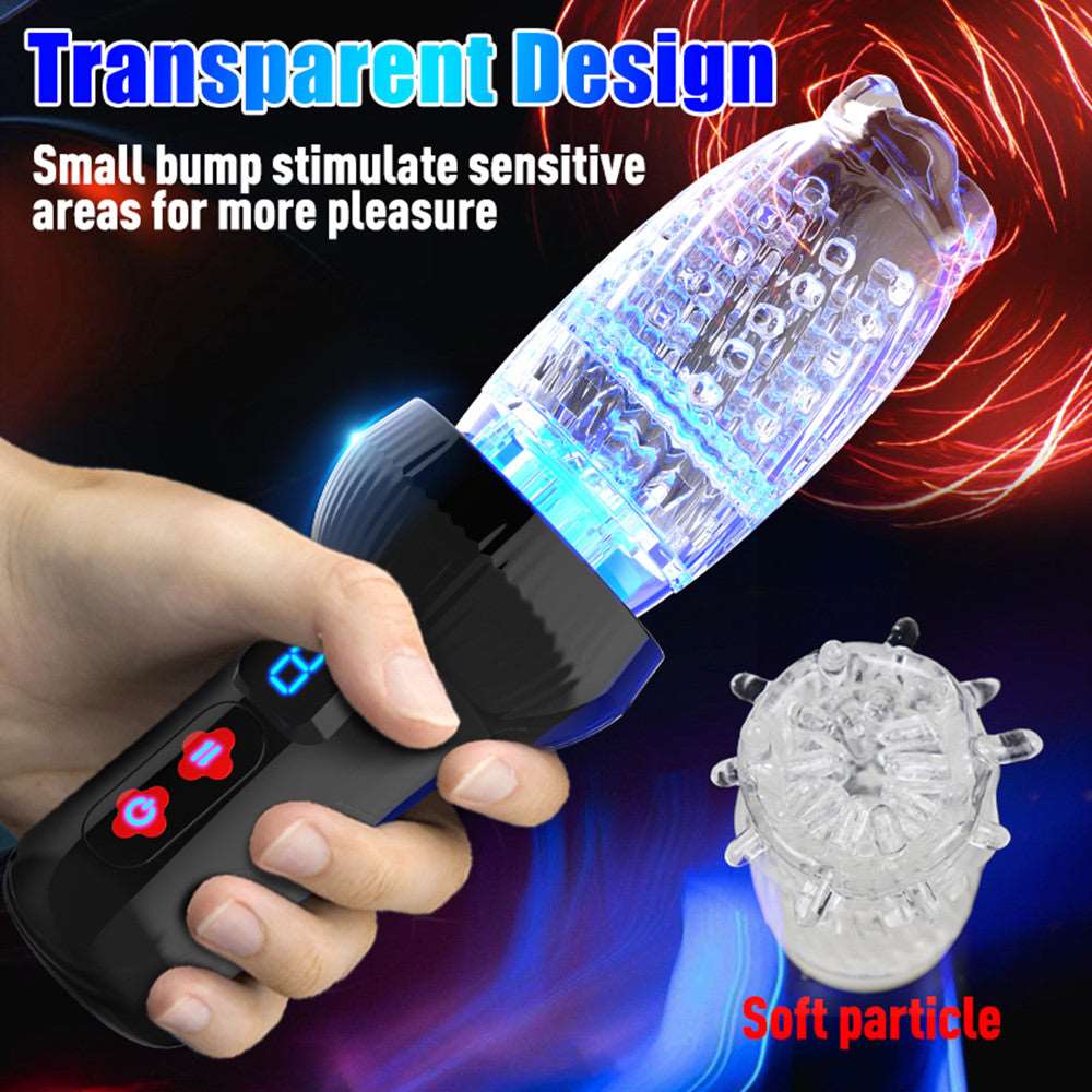Automatic stroker with transparent silicone sleeve showing internal texture
