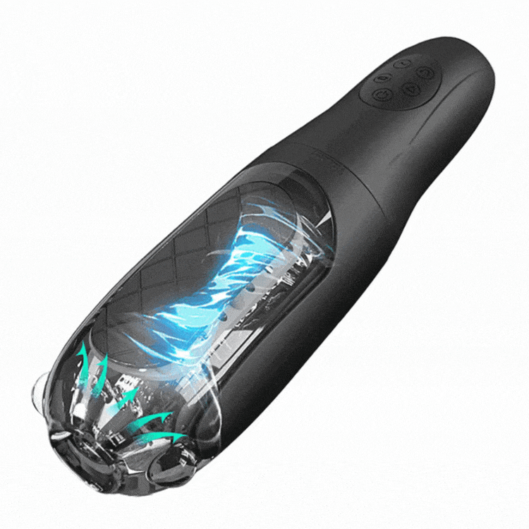 Automatic male masturbator showing flip-open cleaning design