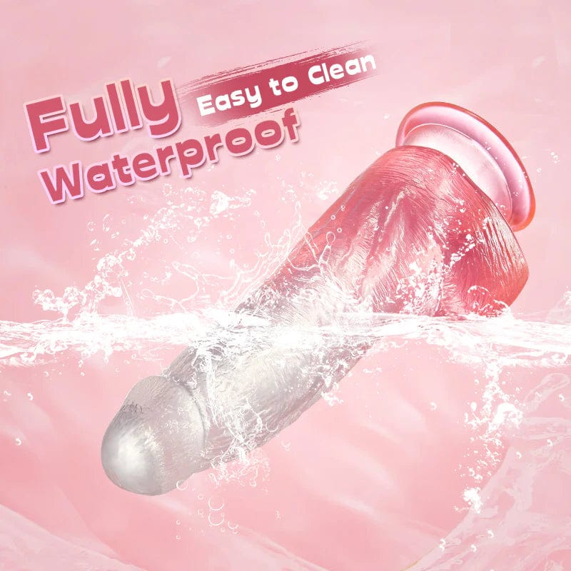Close-up of lifelike glans and veining on silicone dildo