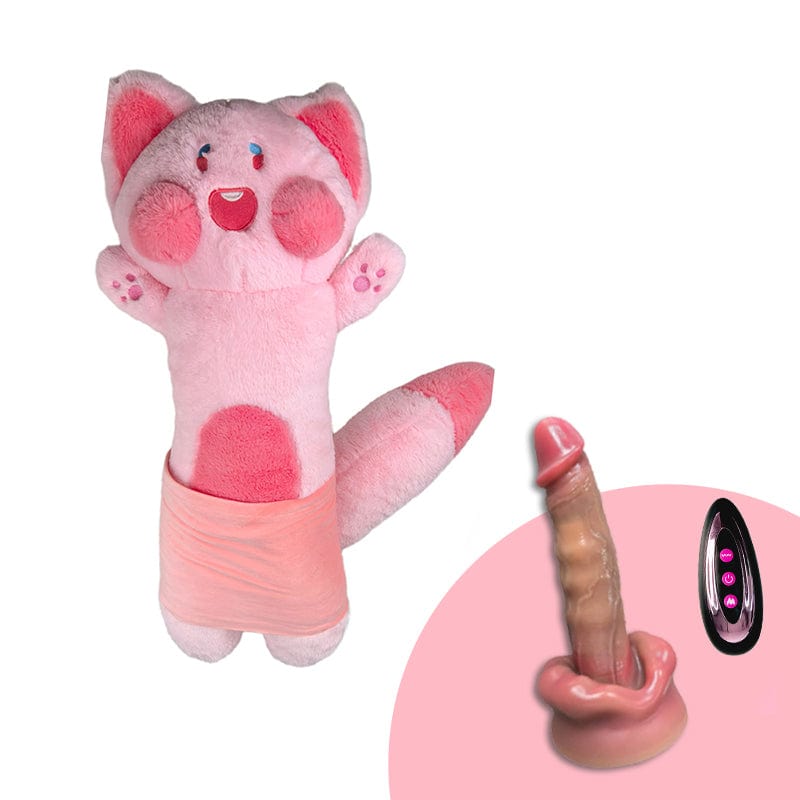 Remote-controlled plush dildo machine with multiple attachments on display