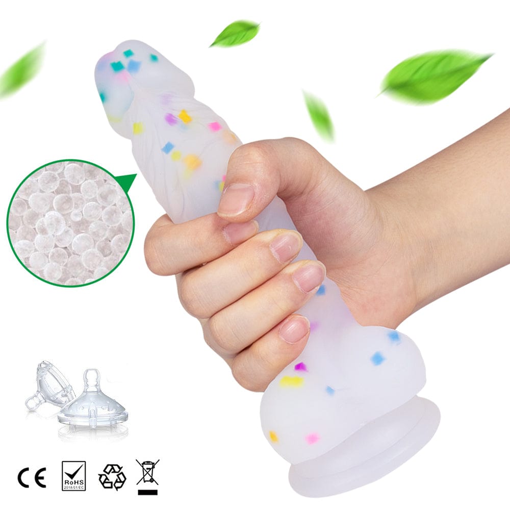 Body-safe transparent dildo demonstrating flexibility and soft texture