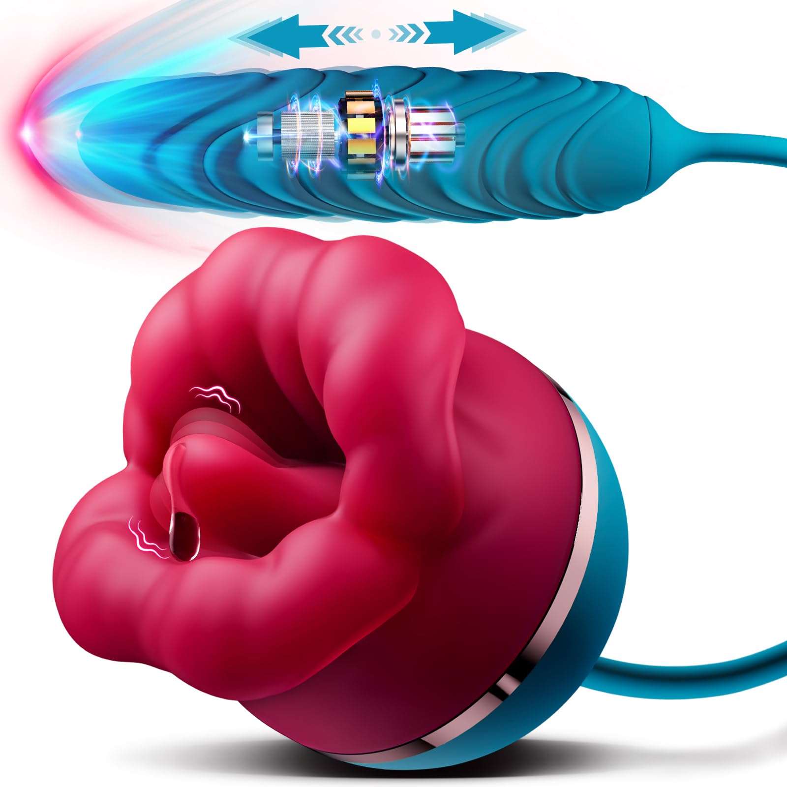 Rose-shaped vibrator showing mouth stimulator and thrusting shaft design