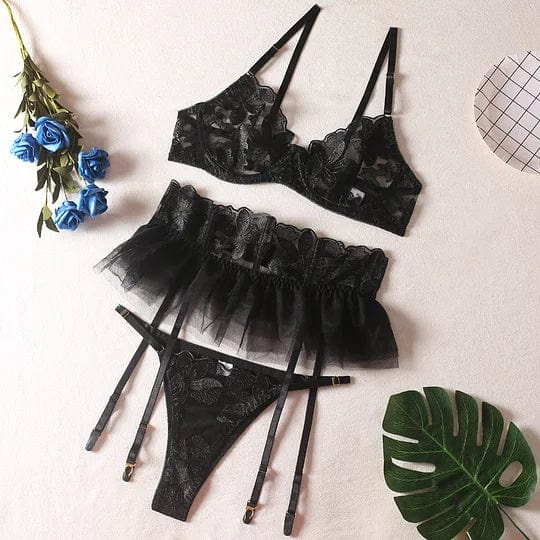 Three Piece Embroider Sexy Underwear Suit-IntimiLife