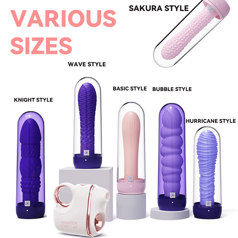 Triple-action suction vibrator showing all components including silicone heads