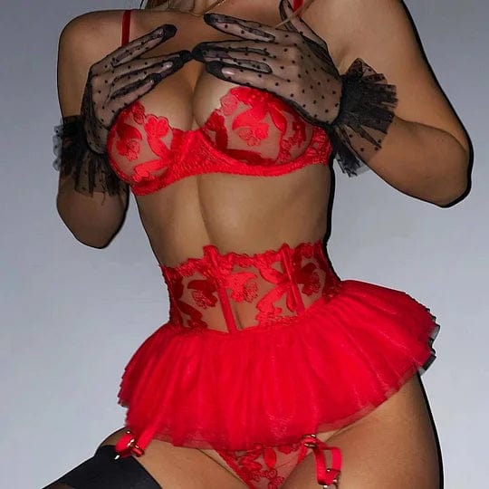 Sheer mesh lingerie set side angle highlighting flattering fit and natural curves