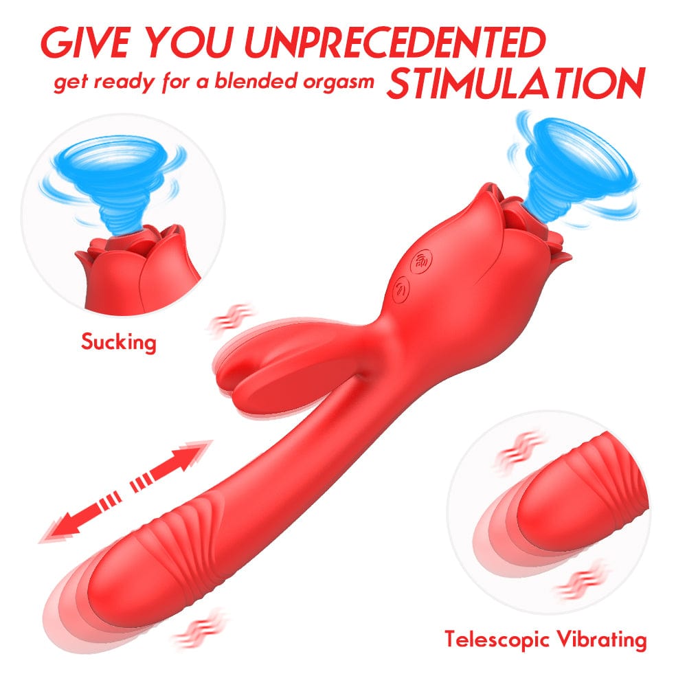 Rose vibrator showing dual stimulation design and red silicone body