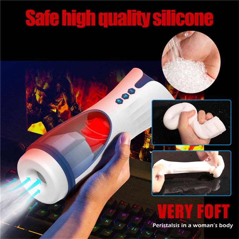 Ergonomic masturbator cup showing comfortable grip and controls