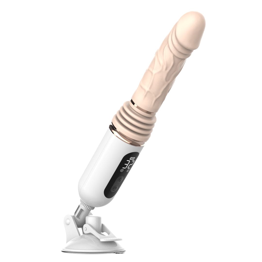Suction base firmly attached to bathroom wall for hands-free operation