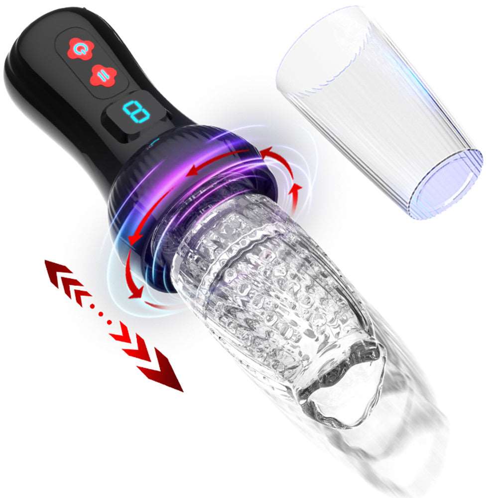 Automatic stroker with transparent silicone sleeve showing internal texture