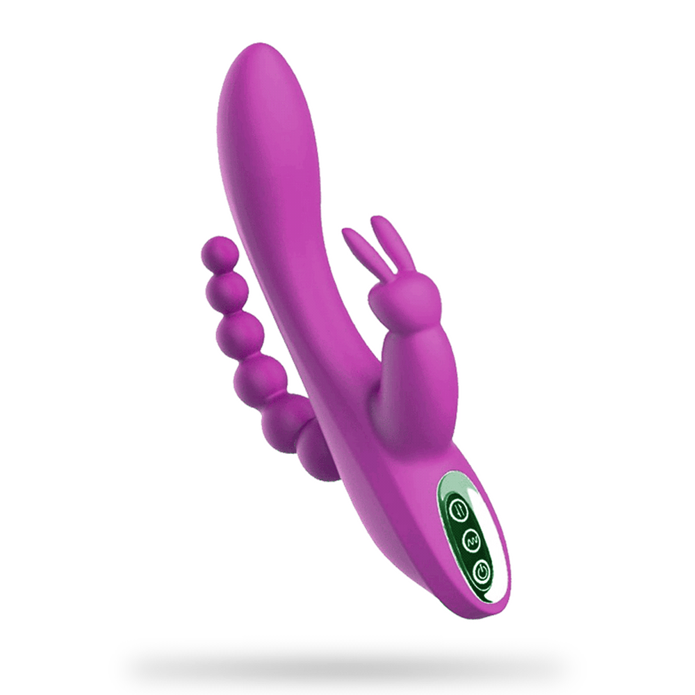 Double-headed 3-point vibrating masturbator showing ergonomic design and silicone texture
