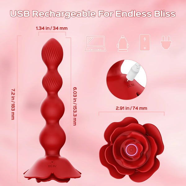 Rose gyrating anal beads with rotating beads and smooth silicone design