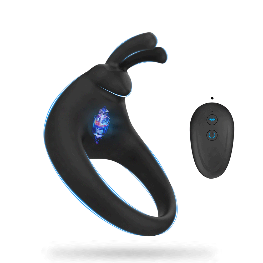 Rabbit-shaped vibrating cock ring showing flexible design and rabbit ears