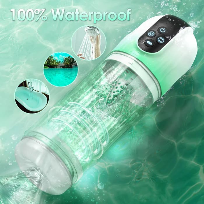 Waterproof penis pump being used in bathroom spa setting