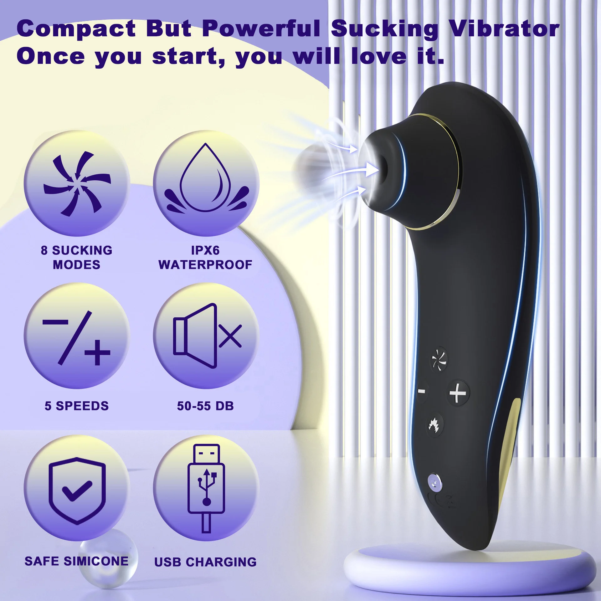 Sleek heated clitoral sucking vibrator showing ergonomic design and controls