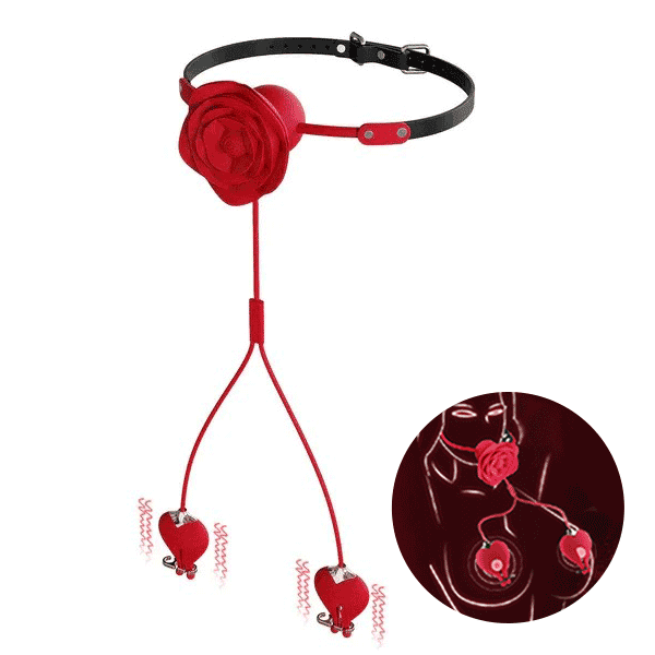 Rose nipple clamps and necklace gag displayed together