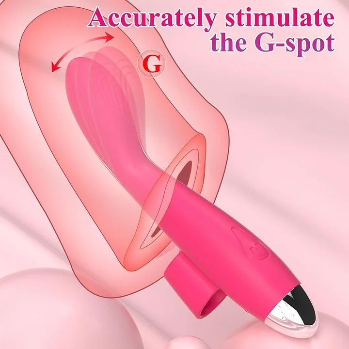 Finger vibrator with come-hither motion showing ergonomic design