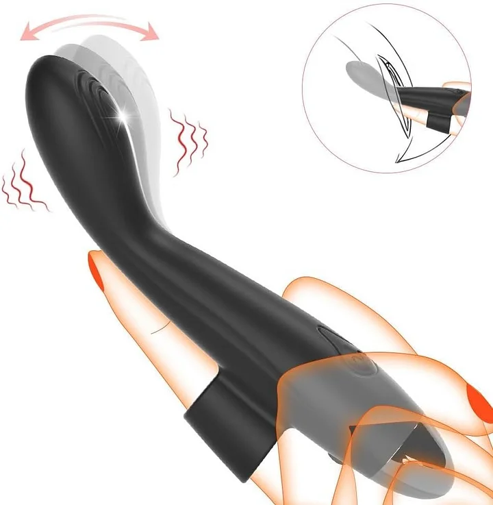 Finger vibrator with come-hither motion showing ergonomic design