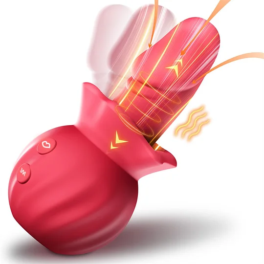 Close-up of rose suction vibrator tip with multiple pleasure modes displayed