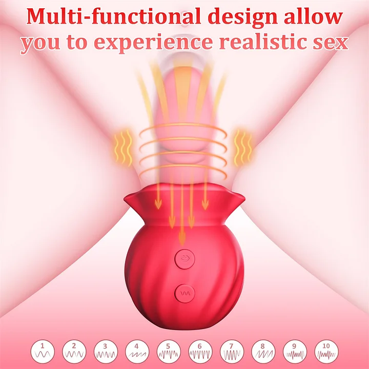Close-up of rose suction vibrator tip with multiple pleasure modes displayed