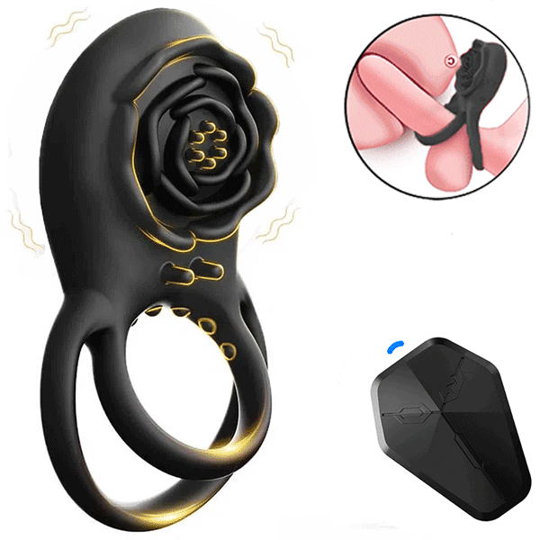 Rose clitoral stimulator and vibrating cock ring showing dual stimulation design