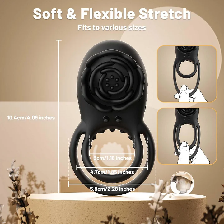Rose clitoral stimulator and vibrating cock ring showing dual stimulation design