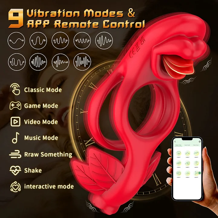 Lipleaf – Tongue Licking Vibrating Cock Ring with App Control, Mouth & Leaf Design for Clitoral and Testicle Pleasure-IntimiLife