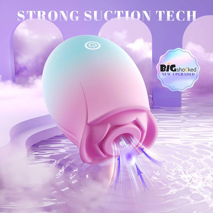 Rose-shaped suction toy with elegant pink silicone design on white background