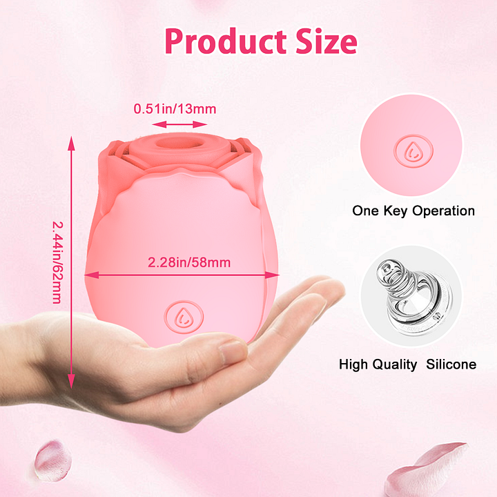 Pink rose clitoral sucker toy with soft silicone petals on display