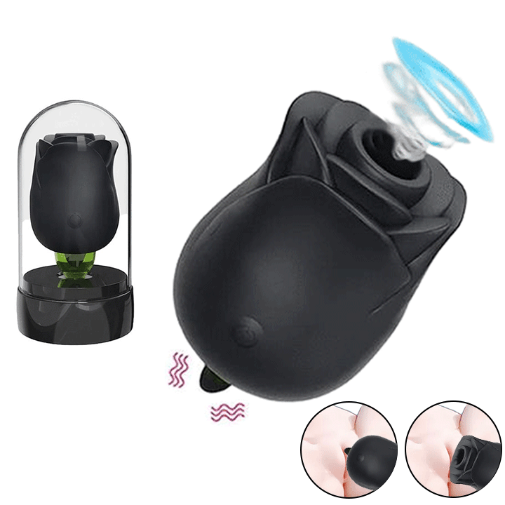 Black rose toy showing dual suction and tongue licking design