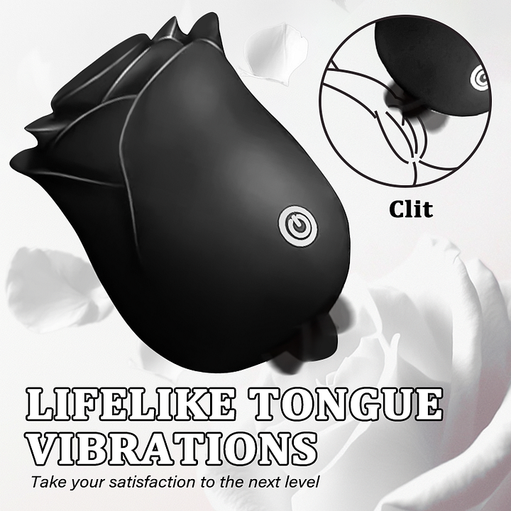 Black rose toy showing dual suction and tongue licking design