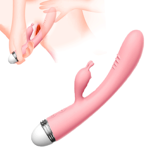 Dual stimulation rabbit vibrator showing ergonomic design and soft silicone texture
