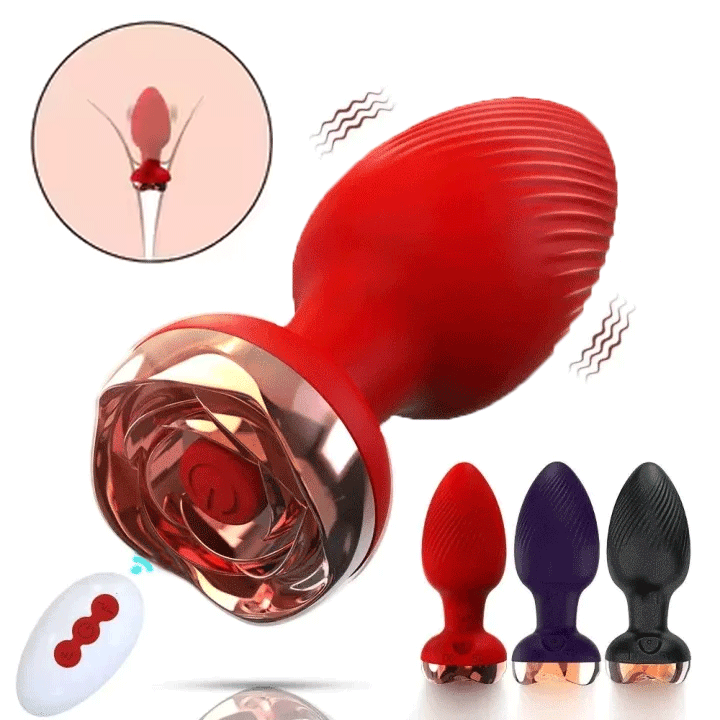 Rose-shaped anal plug with remote control on white background