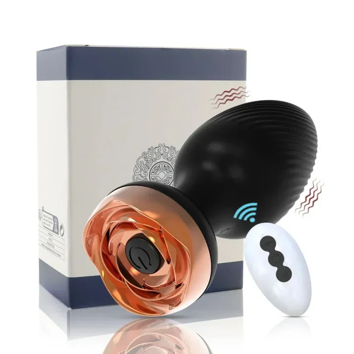Rose-shaped anal plug with remote control on white background