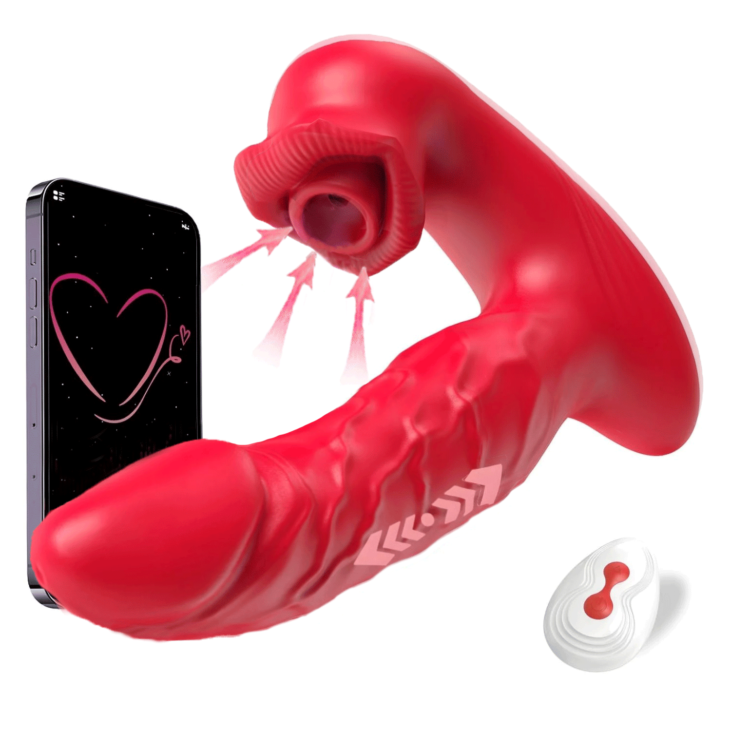 Wearable 2-in-1 clitoral suction and thrusting toy showing ergonomic design