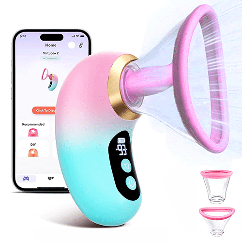 App-controlled tongue vibrator with LCD display showing settings