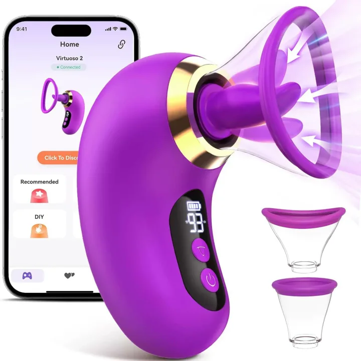 App-controlled tongue vibrator with LCD display showing settings