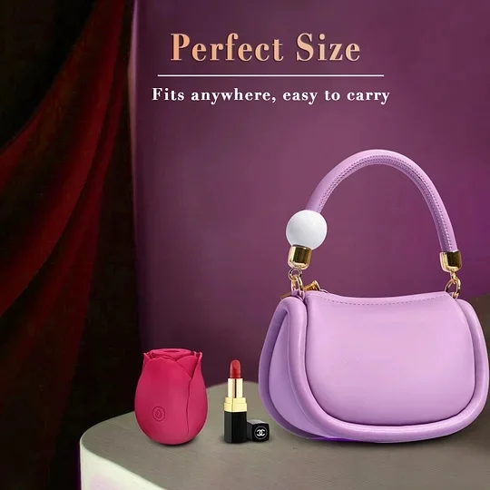 Compact size comparison of rose suction toy next to lipstick