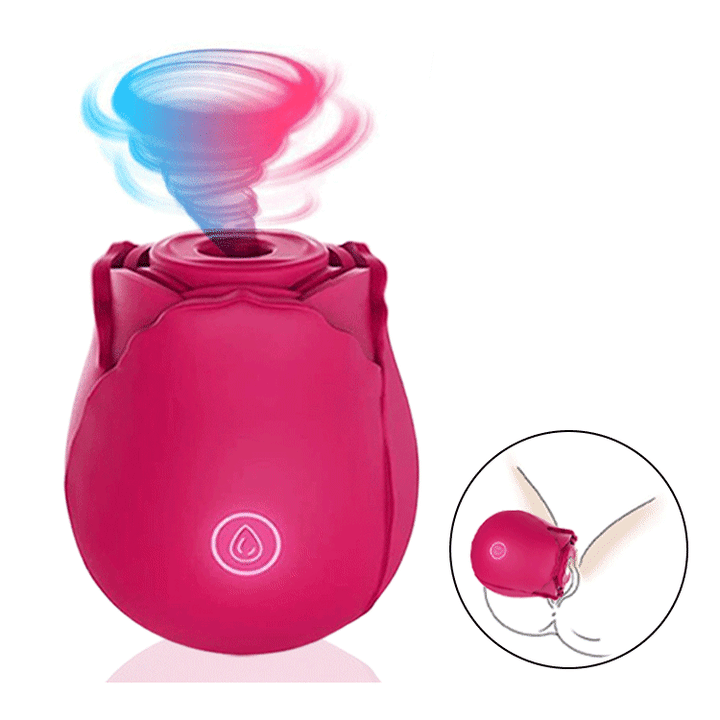 Close-up of silicone rose vibrator showing suction nozzle design
