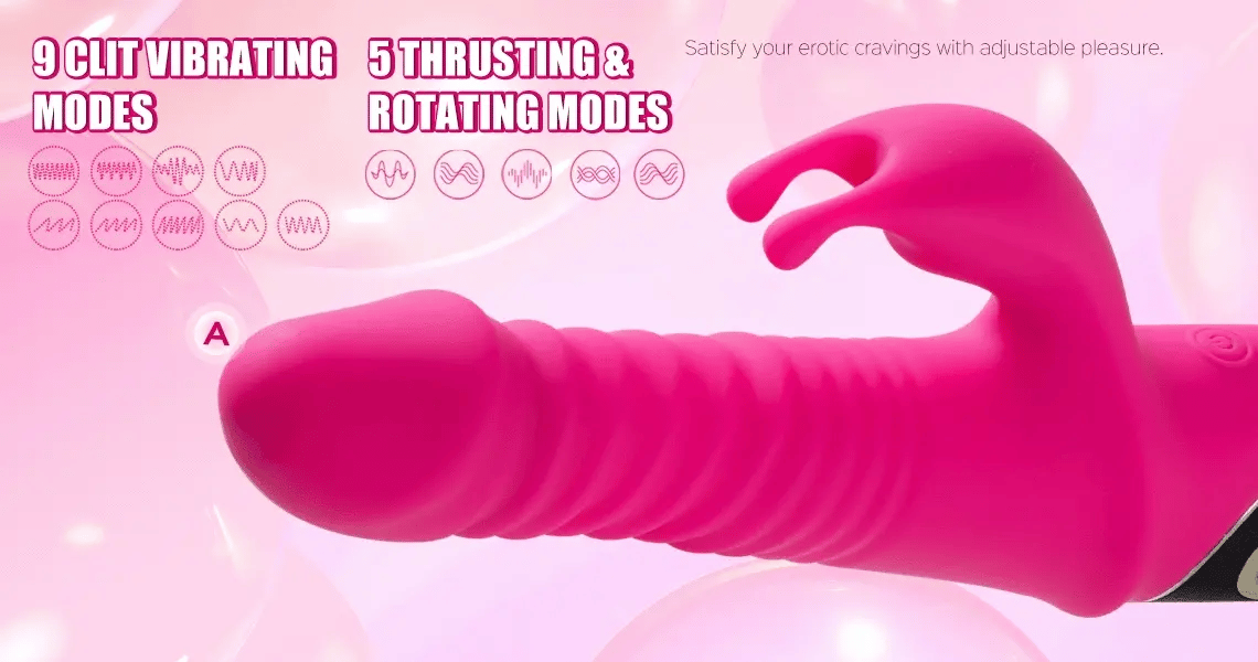 Thrusting rotating rabbit vibrator showing flexible bunny ears and ribbed shaft