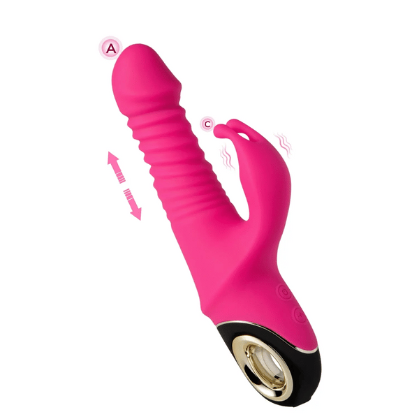 Thrusting rotating rabbit vibrator showing flexible bunny ears and ribbed shaft