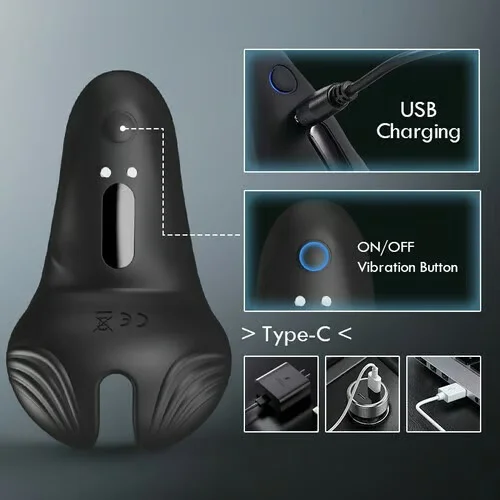 Vibrating scrotal ring in use highlighting ergonomic structure