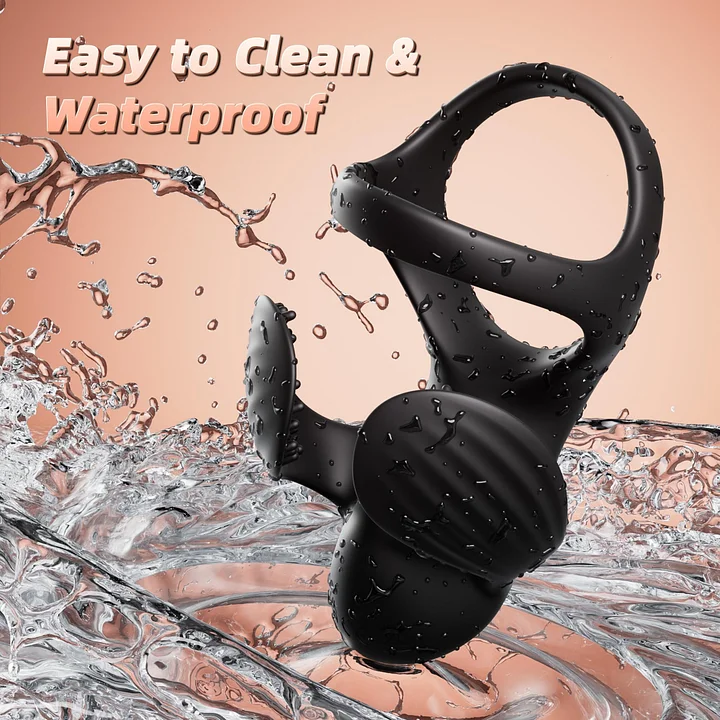 Waterproof vibrating cock ring placed on bathroom counter for shower use