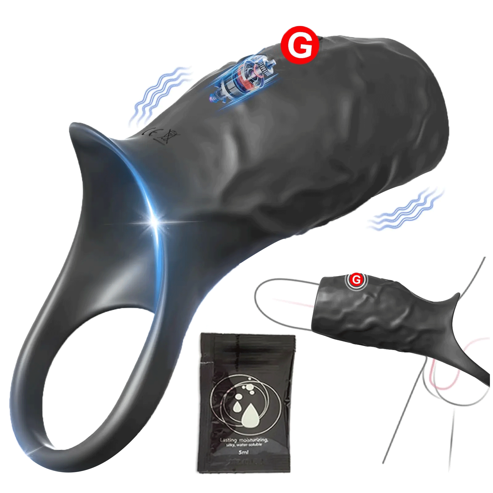 G-spot vibrating cock ring showing stretchable silicone fit and precise stimulator