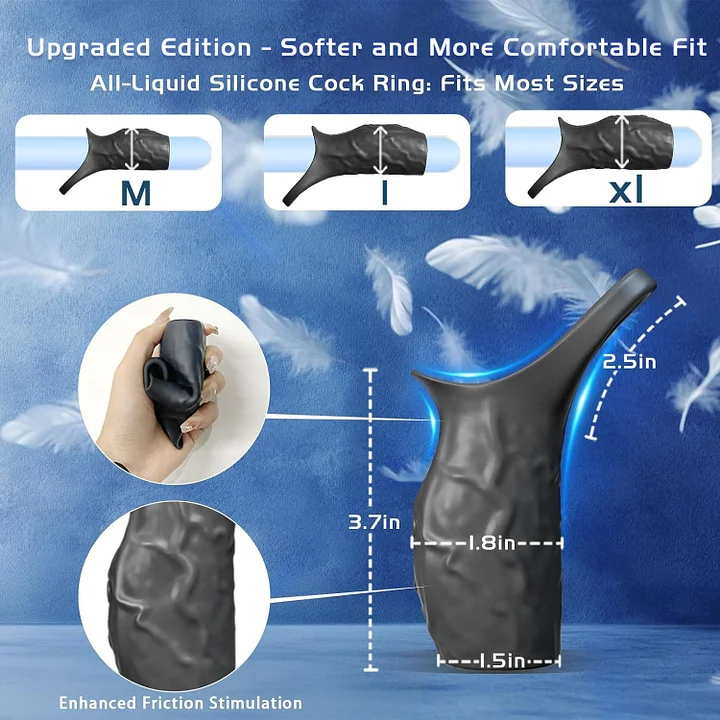 G-spot vibrating cock ring showing stretchable silicone fit and precise stimulator