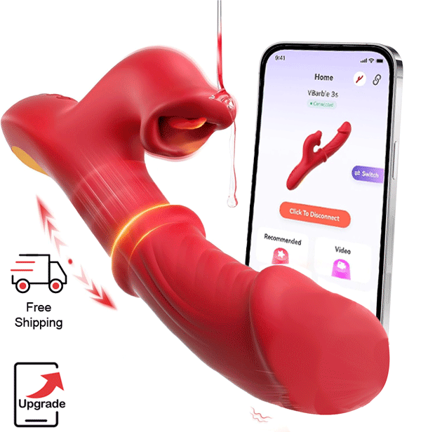 App-controlled 4-in-1 thrusting rabbit vibrator with sliding ring and licking modes