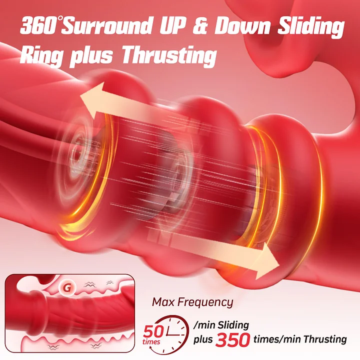 App-controlled 4-in-1 thrusting rabbit vibrator with sliding ring and licking modes