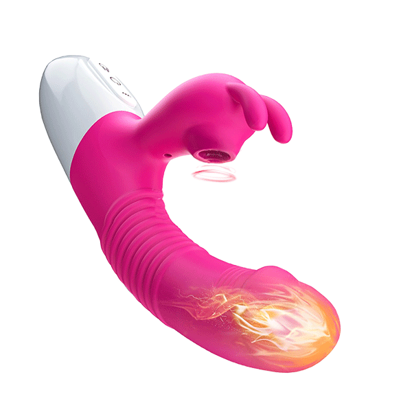 Heating rabbit vibrator showing dual stimulation design with clit suction and G-spot tip