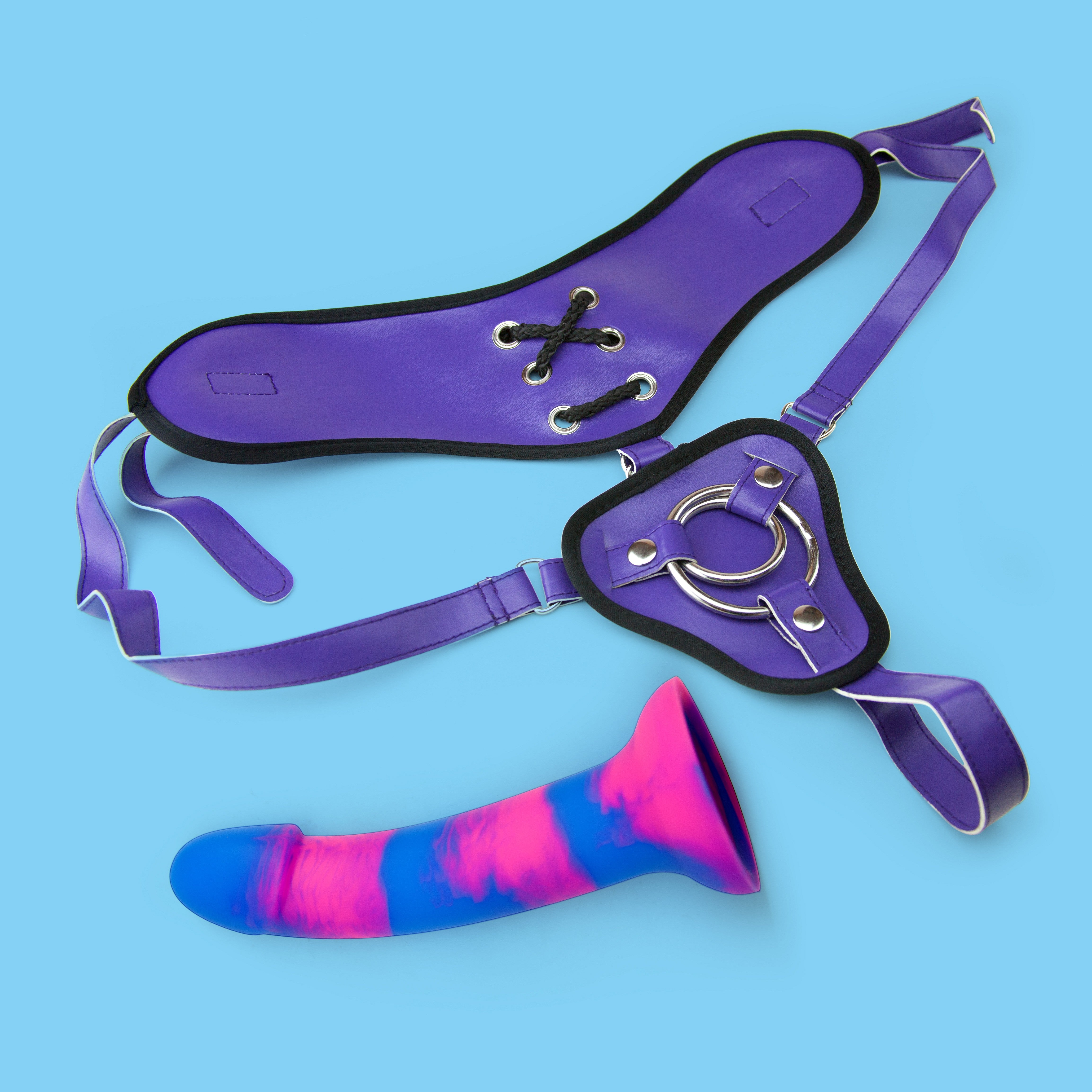 Wide Back Vegan Harness and 6 3/4" Silicone Dildo Set Strap On Harness product image 1