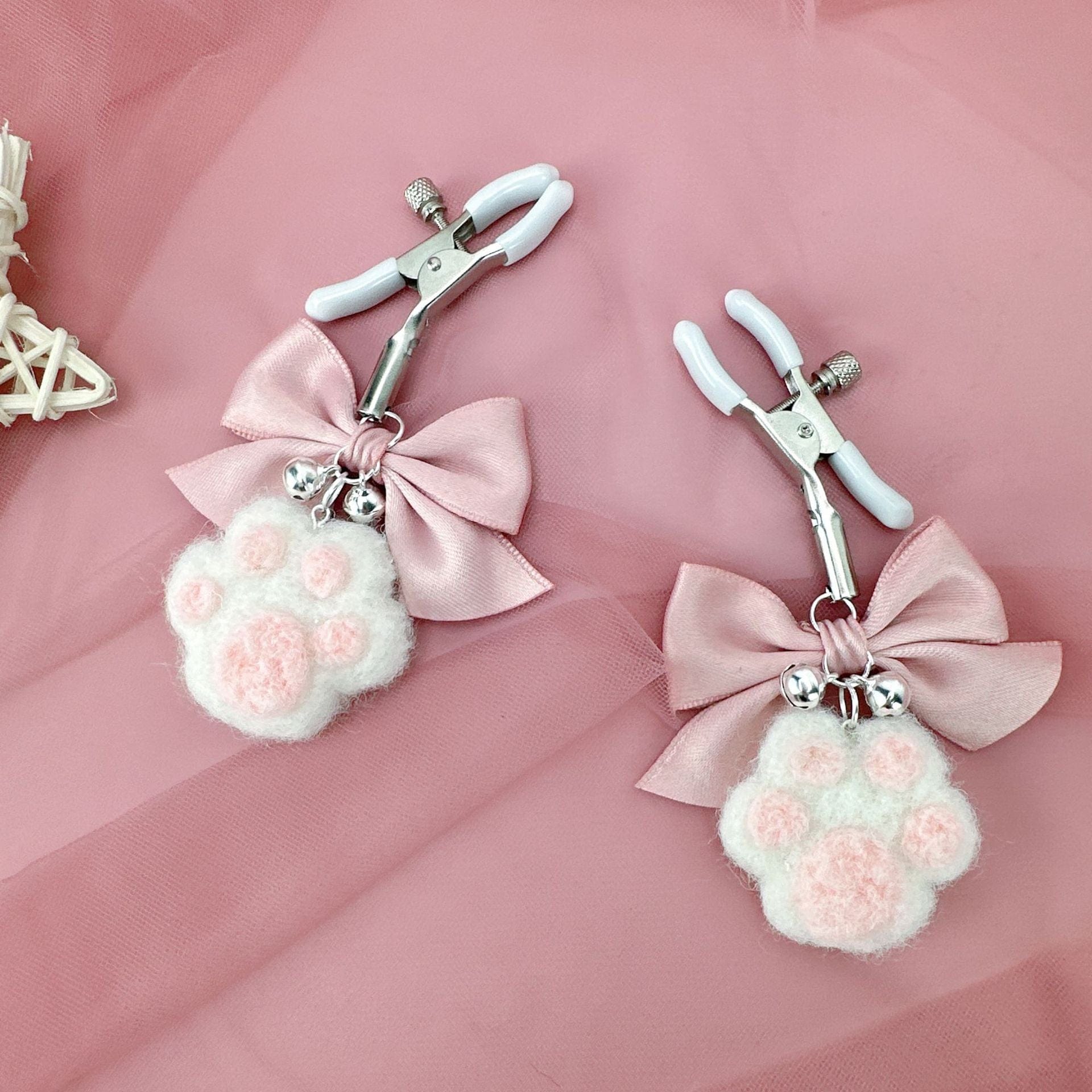 Cute Bow Plush Cat Claw Nipple Clamps With Bells-IntimiLife