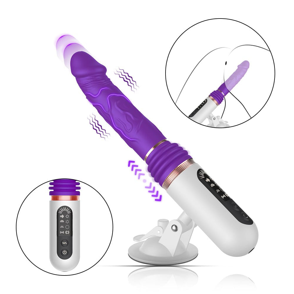 Purple thrusting dildo machine showing ergonomic handle and suction base